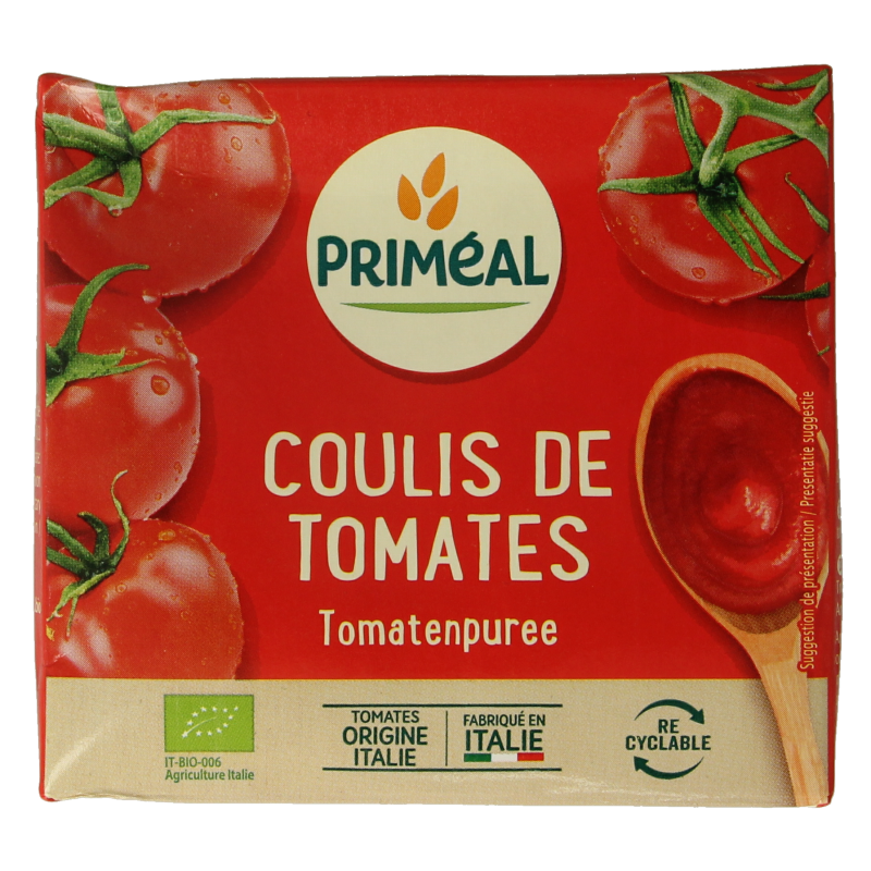 Primeal bio tomato puree 500g in a jar, used as a sauce or flavor enhancer in cooking.