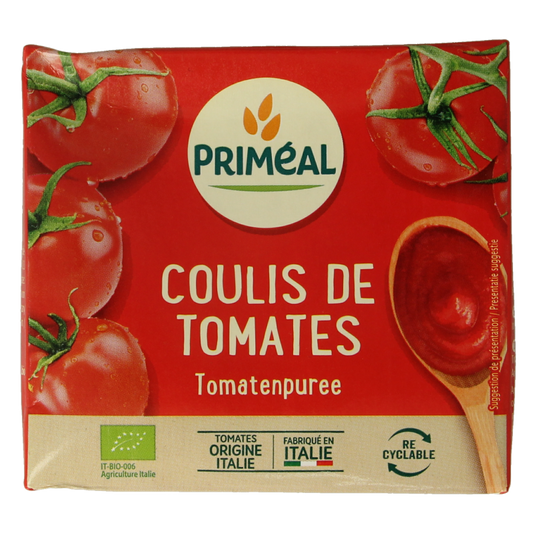 Primeal bio tomato puree 500g in a jar, used as a sauce or flavor enhancer in cooking.