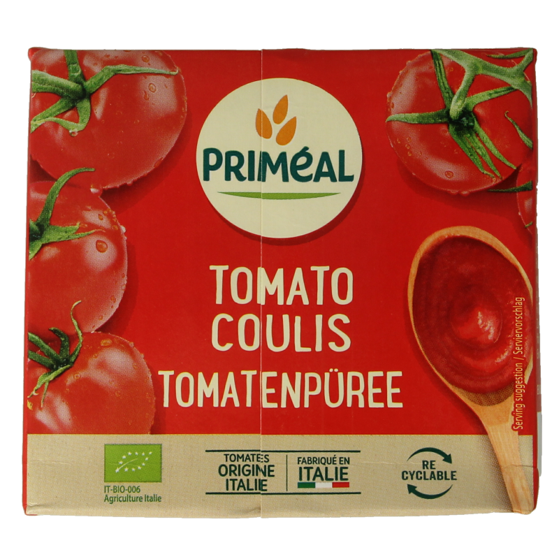 Primeal organic tomato puree in 500g jar, showcasing smooth, bright red tomato sauce for cooking and flavoring dishes.