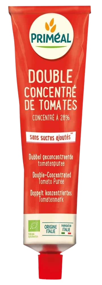 Primeal biologische dubbel geconcentreerde tomatenpuree in 200g container, ideaal voor sauzen en smaakmakers.