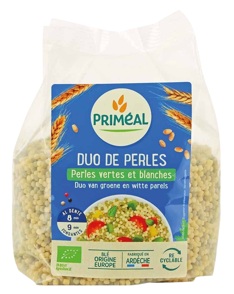 Primeal Duo van parels bio pasta and rice, 500g, showcasing the organic pasta and rice grains in a clear image