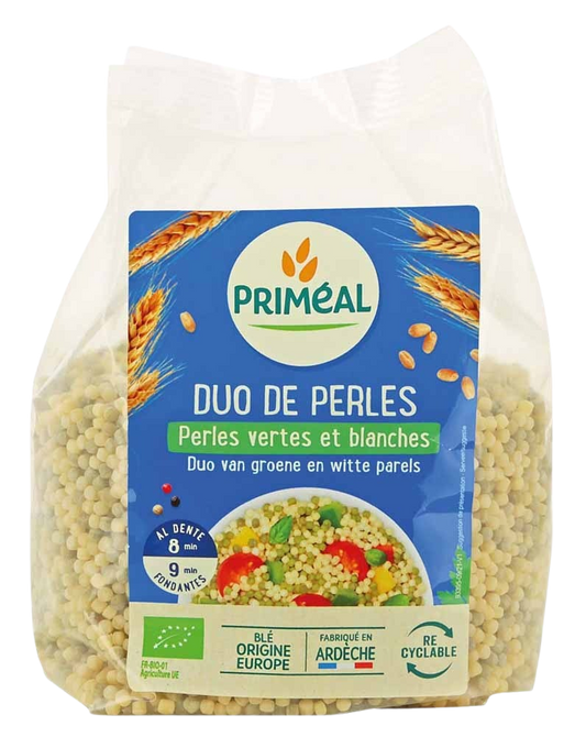Primeal Duo van parels bio pasta and rice, 500g, showcasing the organic pasta and rice grains in a clear image