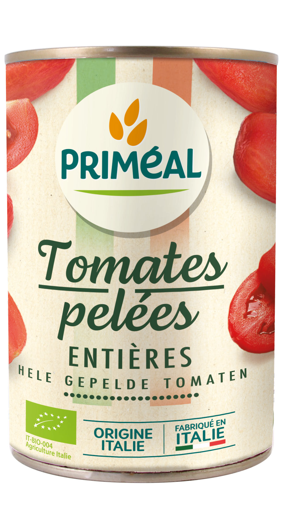 Primeal organic peeled tomatoes without salt in 400g package, fresh and bright red, ready for cooking or salad.