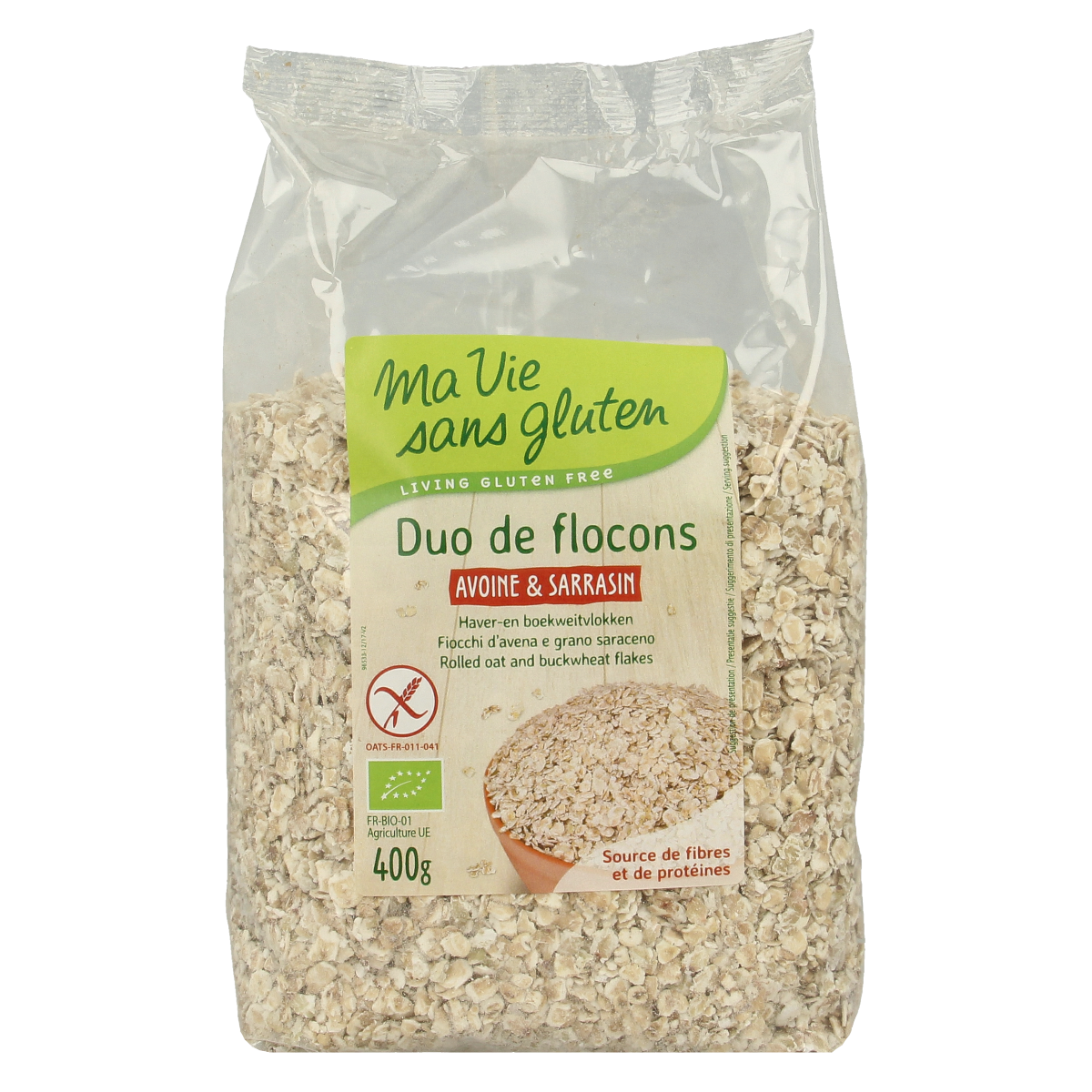 Ma Vie Sans glutenvrije boekweitvlokken ontbijtgranen in een witte kom, geschikt voor een gezond glutenvrij ontbijt.