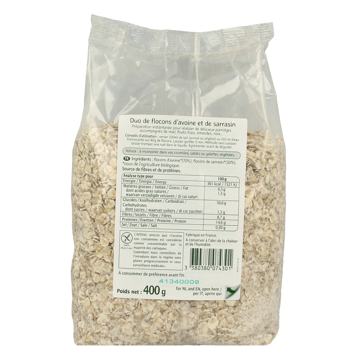 Ma Vie Sans glutenvrije boekweitvlokken ontbijtgranen in een 400g verpakking, glutenvrij en biologisch.