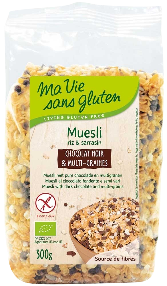 Ma Vie Sans glutenvrije chocolade en multigranen ontbijtgranen in 300g verpakking, met muesli, chocolade en multigranen zichtbaar