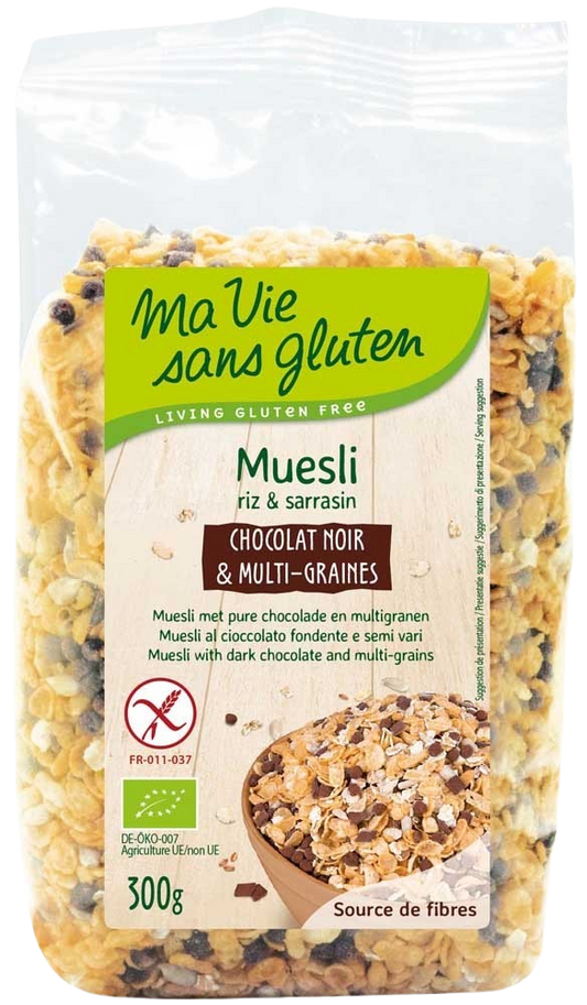 Ma Vie Sans glutenvrije chocolade en multigranen ontbijtgranen in 300g verpakking, met muesli, chocolade en multigranen zichtbaar