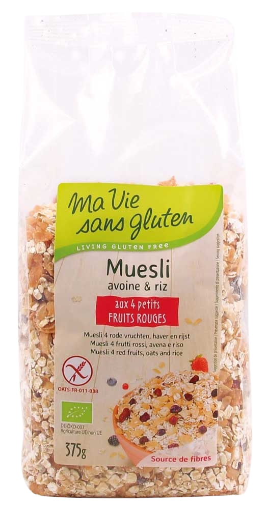 Ma Vie Sans glutenvrije ontbijtgranen met muesli, haver, rijst en rode vruchten in een 375g verpakking, biologisch en voedzaam.