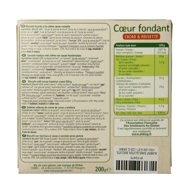 Gluten-free Ma Vie Sans Koekjes with chocolate hazelnut cream, 12-piece pack, showing the cookies with creamy filling.