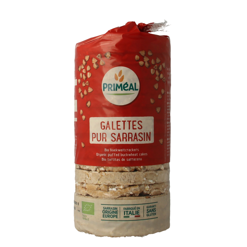 Primeal organic buckwheat crackers on a white background, showing the 100-gram package of gluten-free bread and crackers.