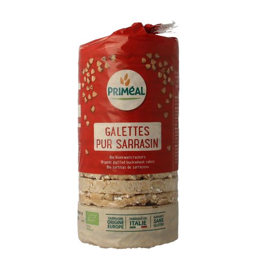 Primeal organic buckwheat crackers on a white background, showing the 100-gram package of gluten-free bread and crackers.