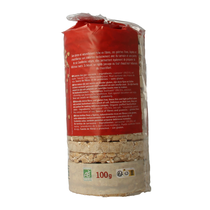 Primeal organic buckwheat crackers in a 100g package, showcasing the crispy, golden-brown crackers on a white background.