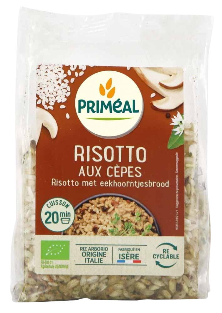 Primeal bio cepes risotto pasta and rice mix in a 300g package, featuring dried cepes mushrooms and rice grains.