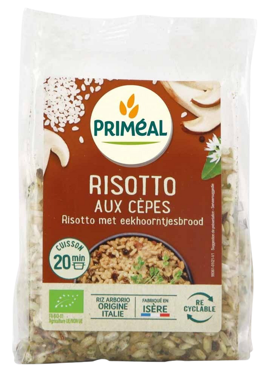 Primeal bio cepes risotto pasta and rice mix in a 300g package, featuring dried cepes mushrooms and rice grains.
