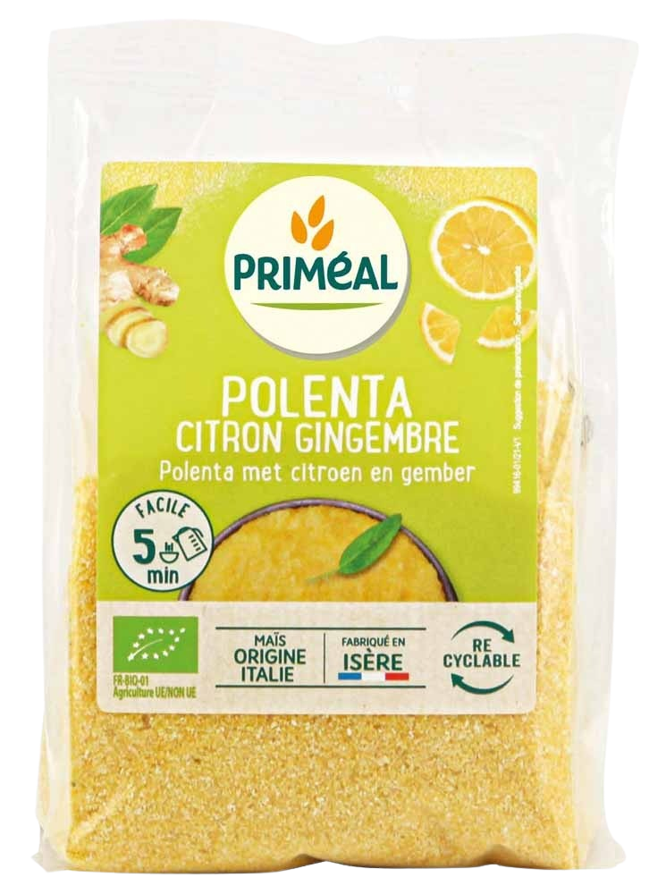 Organic Primeal citroen ginger polenta baking mix in 250g package, with a close-up of the colorful label and ingredients.