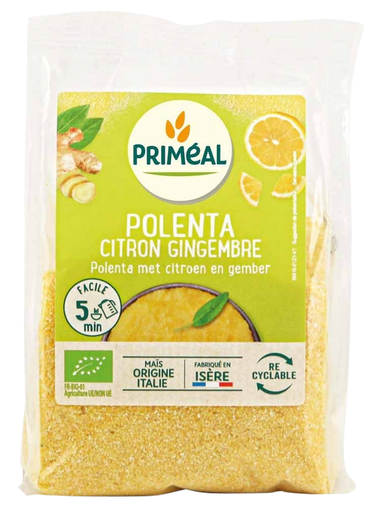 Organic Primeal citroen ginger polenta baking mix in 250g package, with a close-up of the colorful label and ingredients.