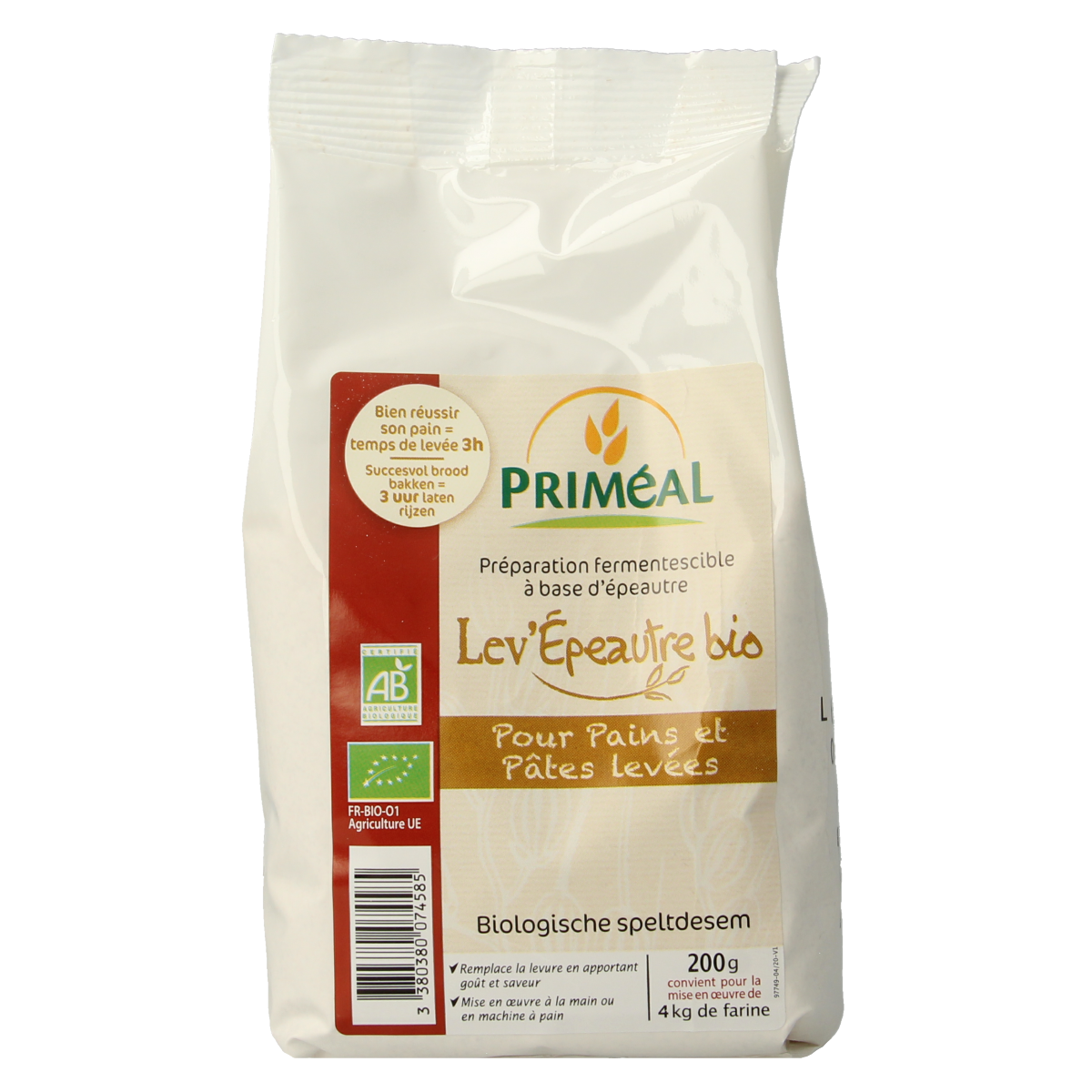 Primeal organic spelt sourdough flour in a 200g package, ideal for baking with natural, whole grain spelt flour.
