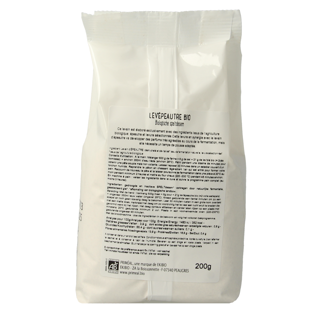 Primeal Zuurdesem speltmeel bio, 200g, organic spelt flour for baking, shown in a clear package with label.