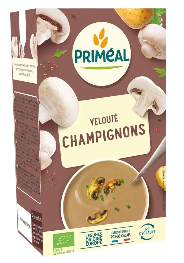 Primeal Veloute gebonden champignon soep in 1-liter container, organic, creamy mushroom soup, ready to serve.