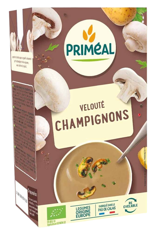 Primeal Veloute gebonden champignon soep in 1-liter container, organic, creamy mushroom soup, ready to serve.