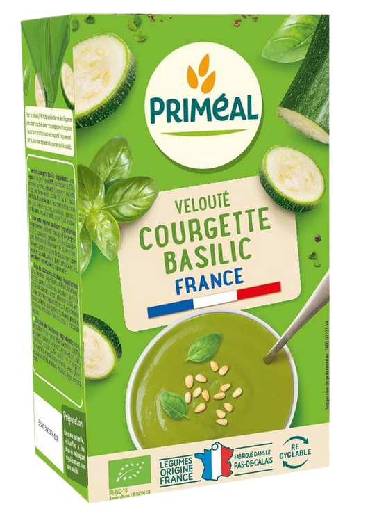Primeal veloute gebonden courgette basilicum biologische soep in 1 liter container, creamy and fresh with herbs and vegetables.
