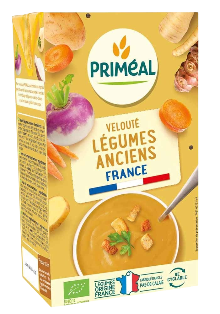 Primeal Veloute gebonden soep vergeten groente bio in 1-liter container, showcasing the creamy vegetable soup with organic ingredients.