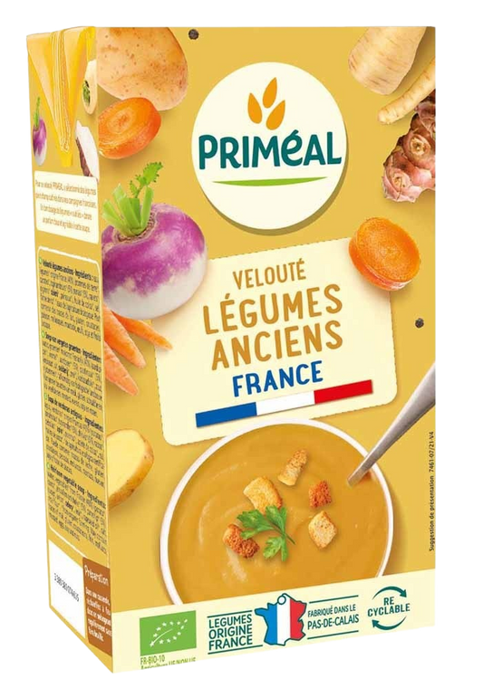 Primeal Veloute gebonden soep vergeten groente bio in 1-liter container, showcasing the creamy vegetable soup with organic ingredients.