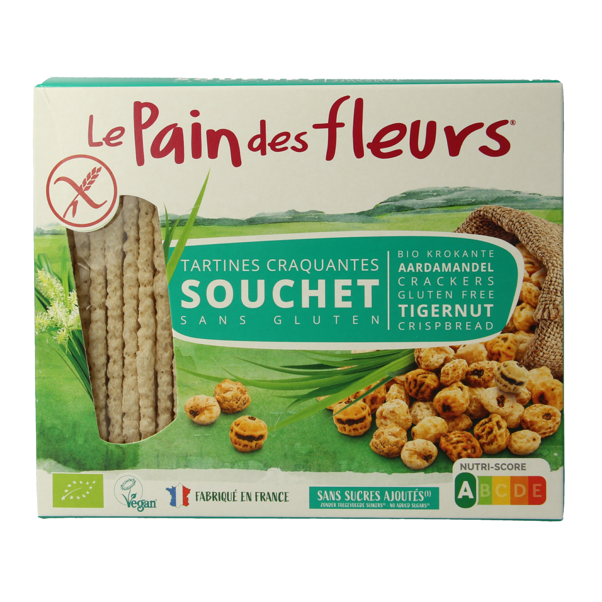 Pain Des Fleurs gluten-free Aardamandel crispy crackers in 150g package, made with organic ingredients, perfect for snacking.