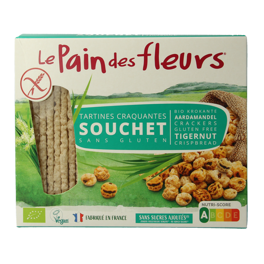 Pain Des Fleurs gluten-free Aardamandel crispy crackers in 150g package, made with organic ingredients, perfect for snacking.