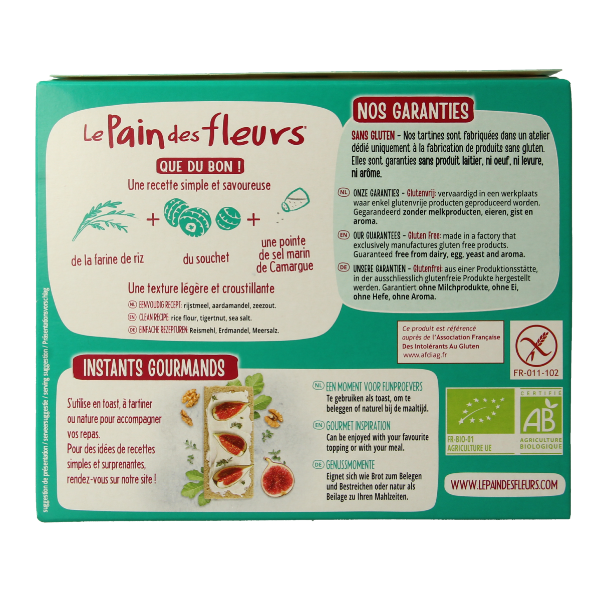 Pain Des Fleurs Krokante crackers with almonds, gluten-free, organic, 150g, crispy bread snacks in a clear package.