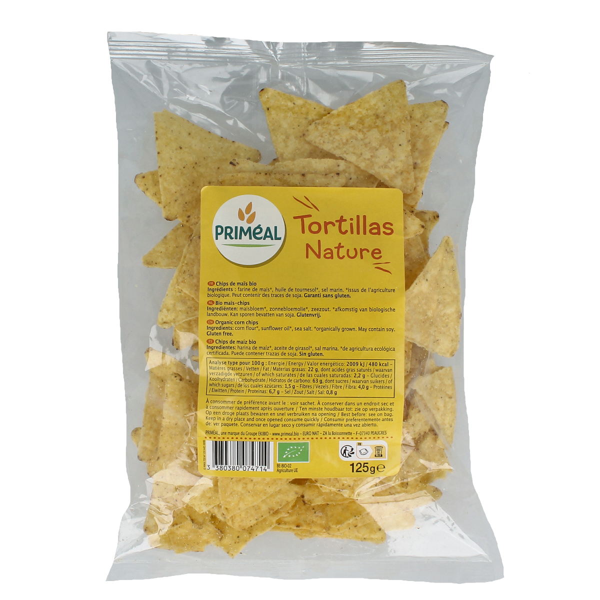 Primeal organic tortillas for pizza and wraps, 125 grams, soft and flexible whole grain flatbreads in a close-up image.