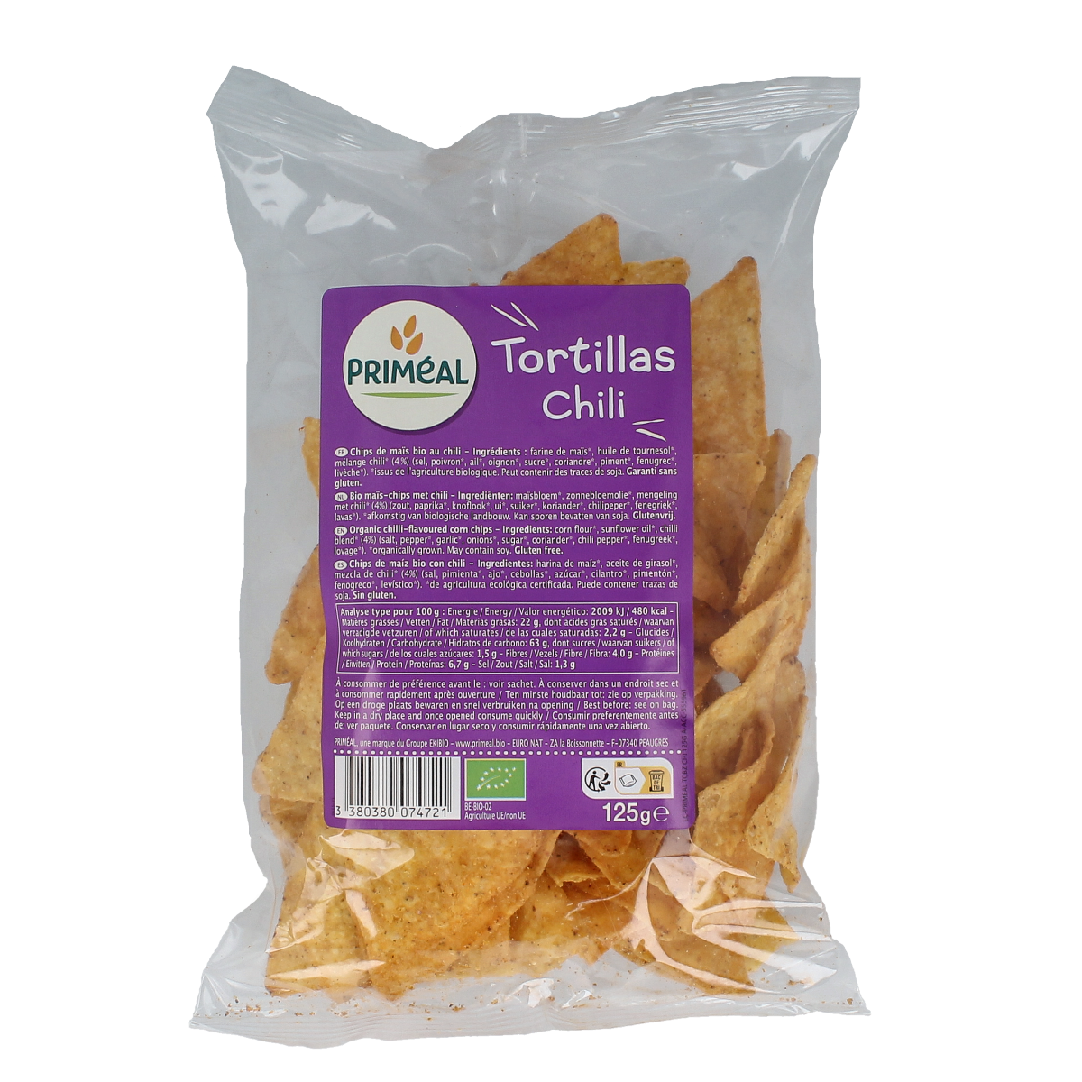 Primeal chili bio tortillas, 125g, organic pizza wraps with spicy chili flavor, soft and flexible for wrapping or baking.