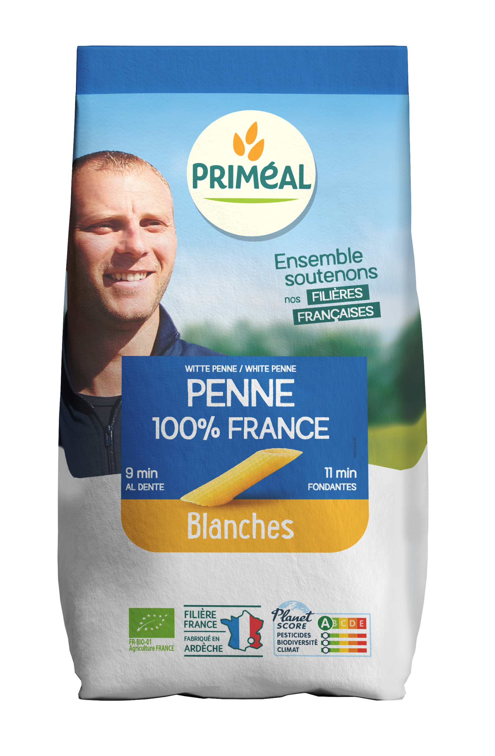 Primeal Penne bio pasta made from rice, 500 grams, showing cooked pasta with a rustic texture in a bowl.