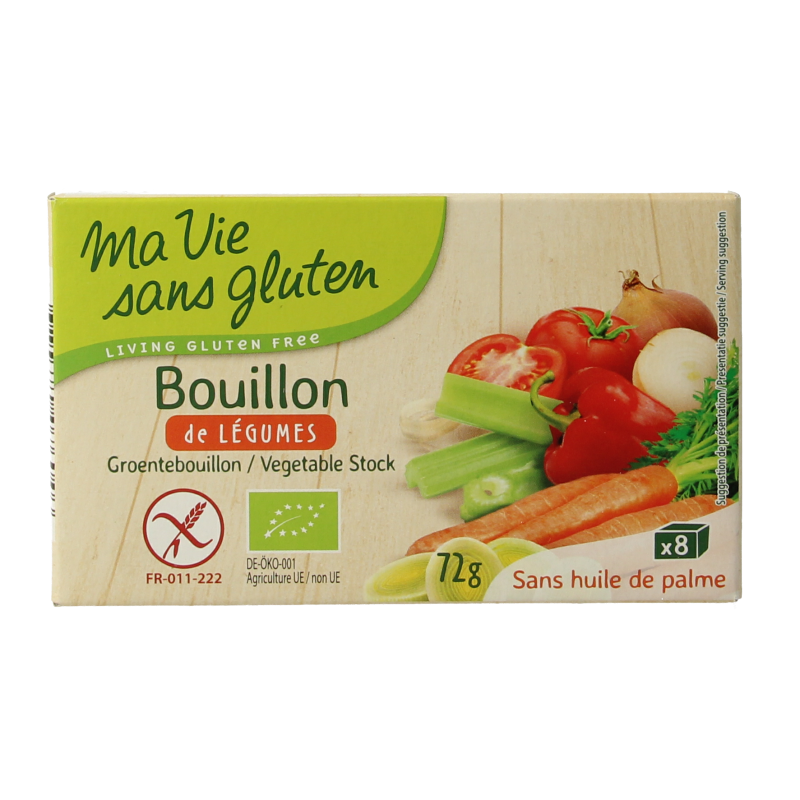 Ma Vie Sans glutenvrije biologische groentebouillon in 72g package, shown in the image with fresh vegetables and herbs.
