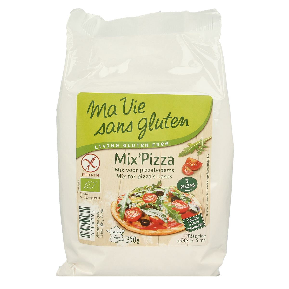 Gluten-free bio pizza dough mix by Ma Vie Sans in a 350g package, ideal for baking homemade pizza crusts.