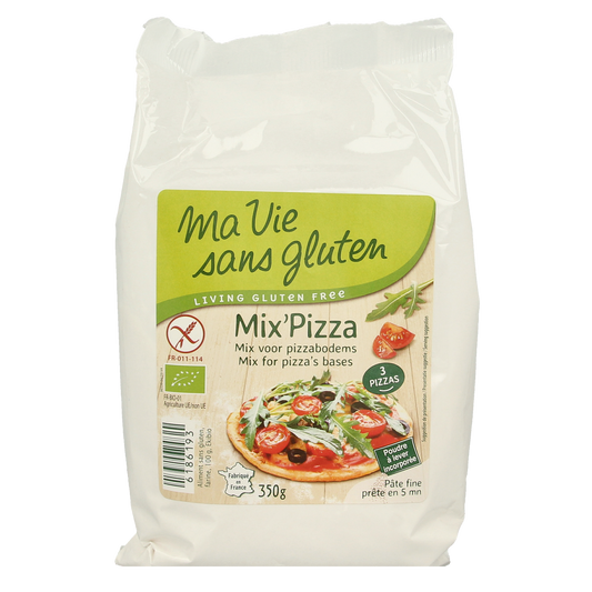 Gluten-free bio pizza dough mix by Ma Vie Sans in a 350g package, ideal for baking homemade pizza crusts.