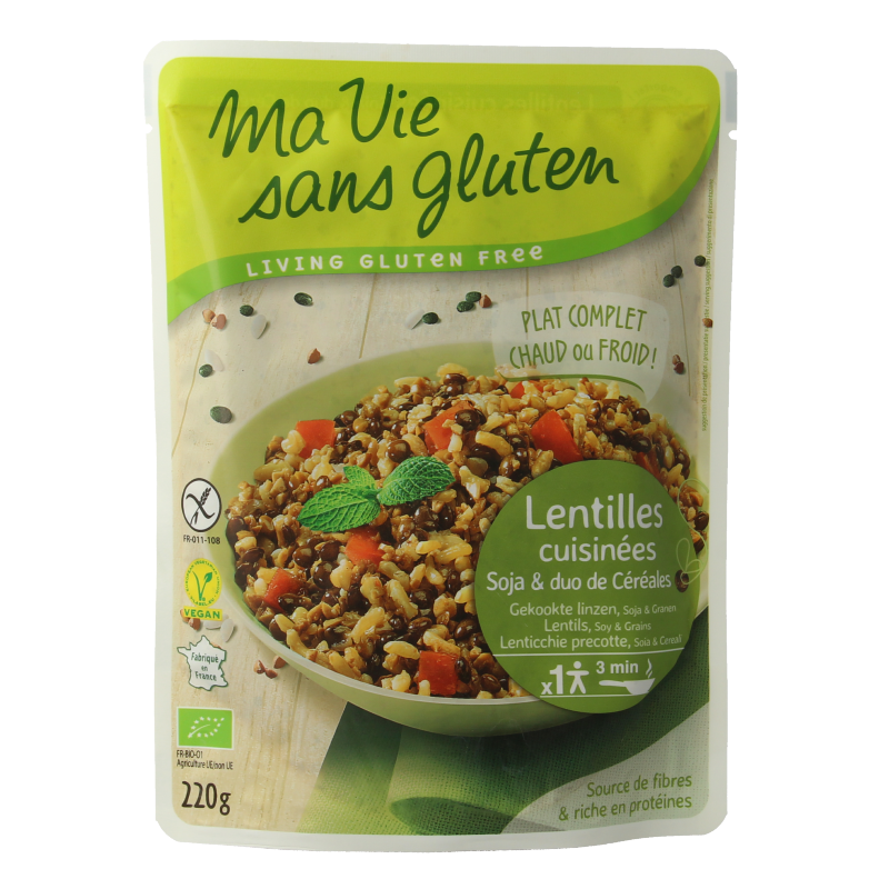 Ma Vie Sans organic cooked lentils and soy duo in 220g package, gluten-free, suitable for healthy plant-based meals.