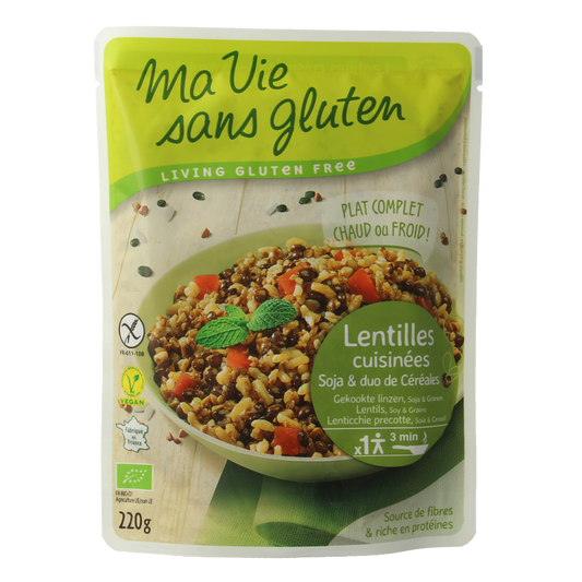 Ma Vie Sans organic cooked lentils and soy duo in 220g package, gluten-free, suitable for healthy plant-based meals.