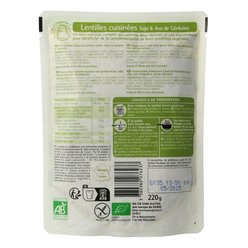 Ma Vie Sans bio cooked lentils and soy gluten-free duo, 220g, featuring potatoes, vegetables, and fruit in a natural arrangement.