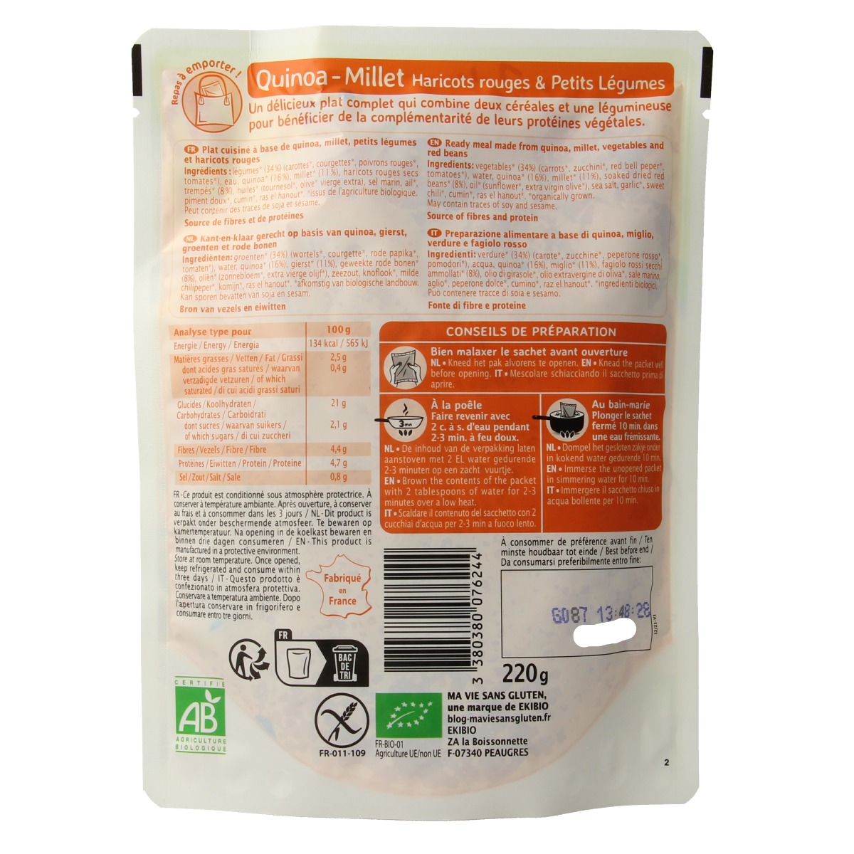 Ma Vie Sans Quinoa, gierst, rode bonen en groente, glutenvrij bio aardappelen, groente en fruit product, 220 gram