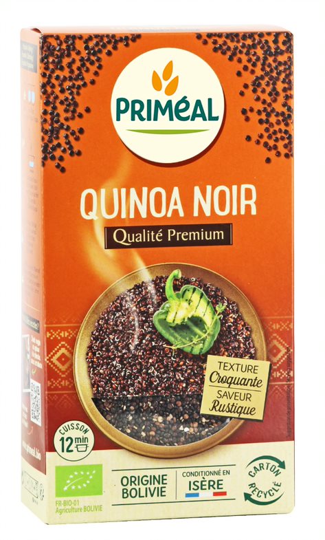 Primeal organic black quinoa in a 500g package, showing the raw grains and label on the pasta and rice product.