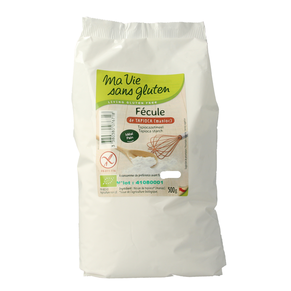 Ma Vie Sans glutenvrije biologische bakmix met tapiocazetmeel, 500 gram, in een open bakje met ingrediënten zichtbaar