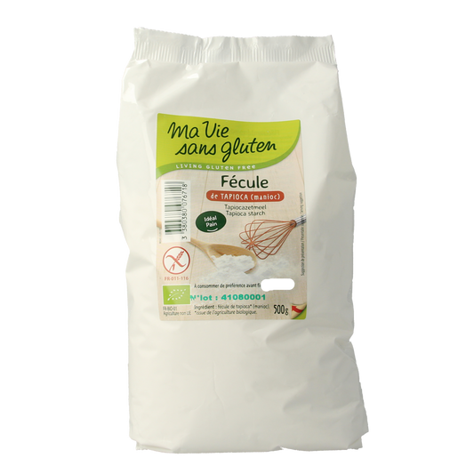 Ma Vie Sans glutenvrije biologische bakmix met tapiocazetmeel, 500 gram, in een open bakje met ingrediënten zichtbaar