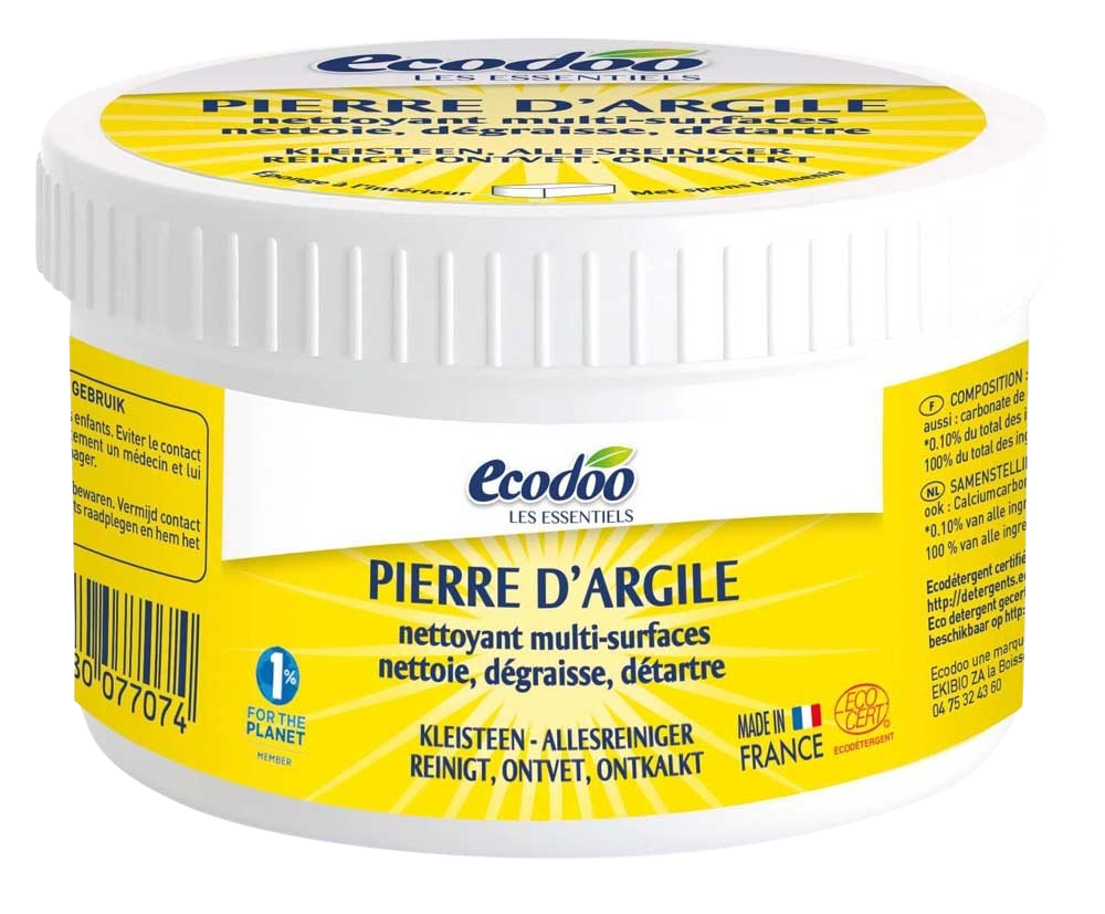 Ecodoo Allesreiniger kleisteen bio 300g, natural cleaning product in a clear container with a white label and green accents.
