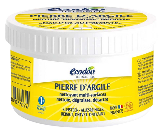 Ecodoo Allesreiniger kleisteen bio 300g, natural cleaning product in a clear container with a white label and green accents.