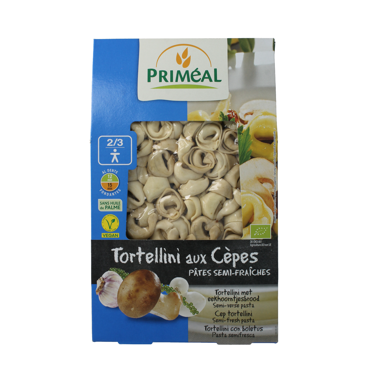 Primeal Tortellini with porcini mushrooms, organic pasta and rice product, 250g, shown in a close-up image.