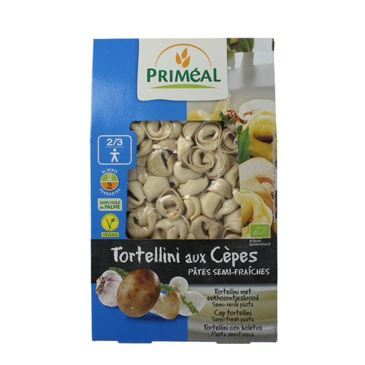 Primeal Tortellini with porcini mushrooms, organic pasta and rice product, 250g, shown in a close-up image.