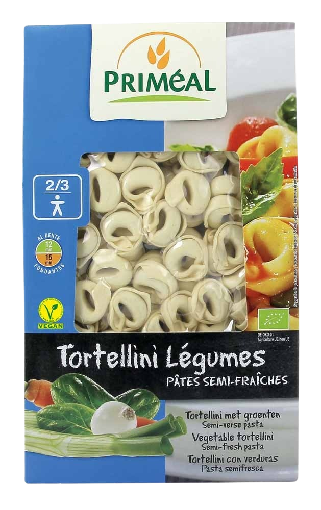 Primeal organic vegetable tortellini pasta, 250g, showcasing fresh, colorful filled pasta on a neutral background.