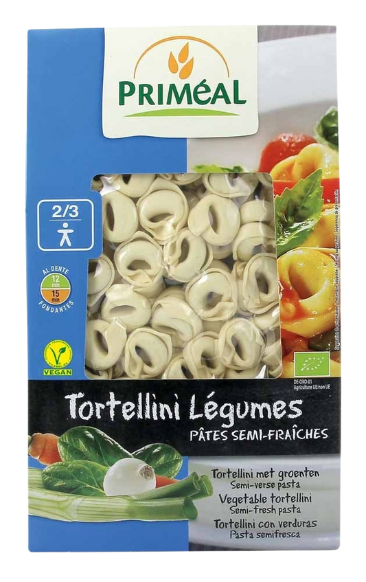 Primeal organic vegetable tortellini pasta, 250g, showcasing fresh, colorful filled pasta on a neutral background.