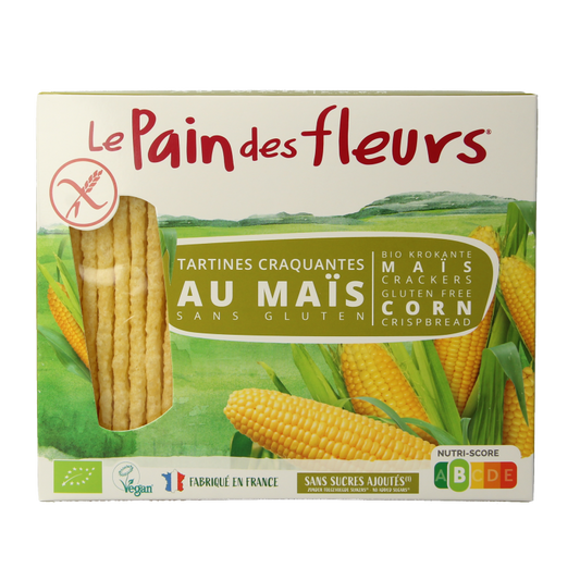 Pain Des Fleurs gluten-free crispy crackers in a 150g package, featuring a golden, textured surface with visible bubbles and airy crunch.